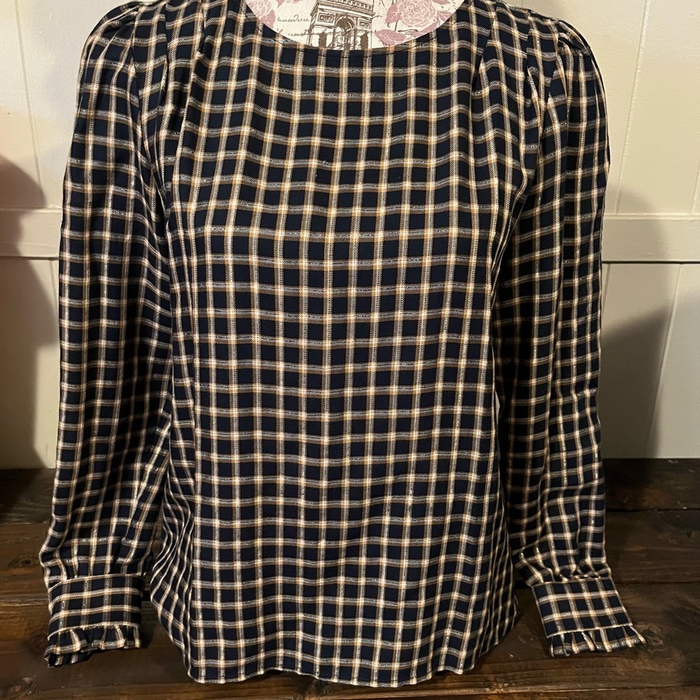 LOFT WOMENS NAVY/MULTI-CHECK LONG SLEEVE BLOUSE SIZE‎ XS EUC